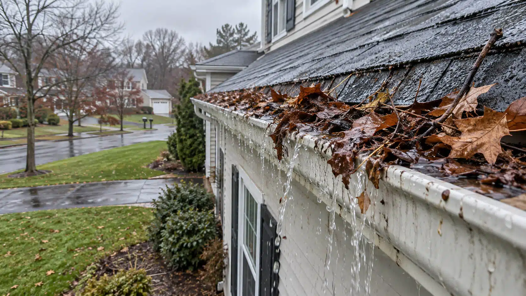 Clogged gutters needing cleaning on a New Jersey home
