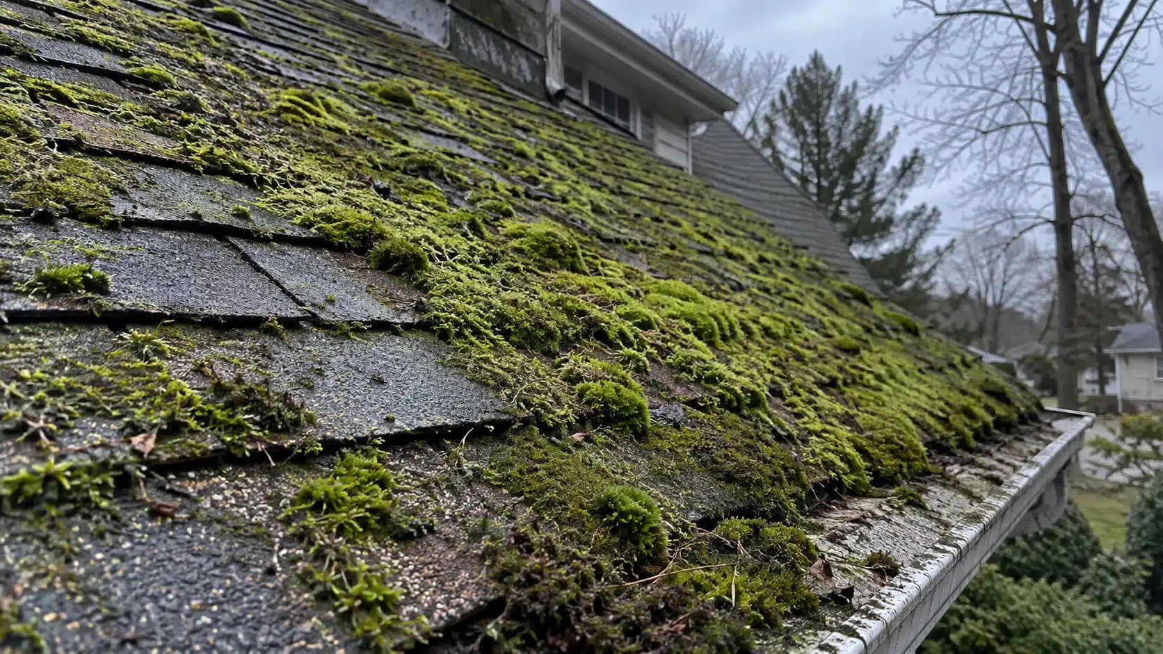 Thick moss growing on roof shingles in New Jersey