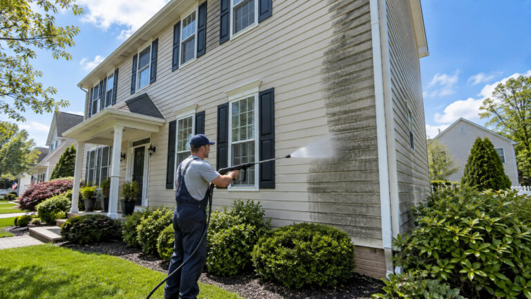 Professional power washing a house exterior in New Jersey