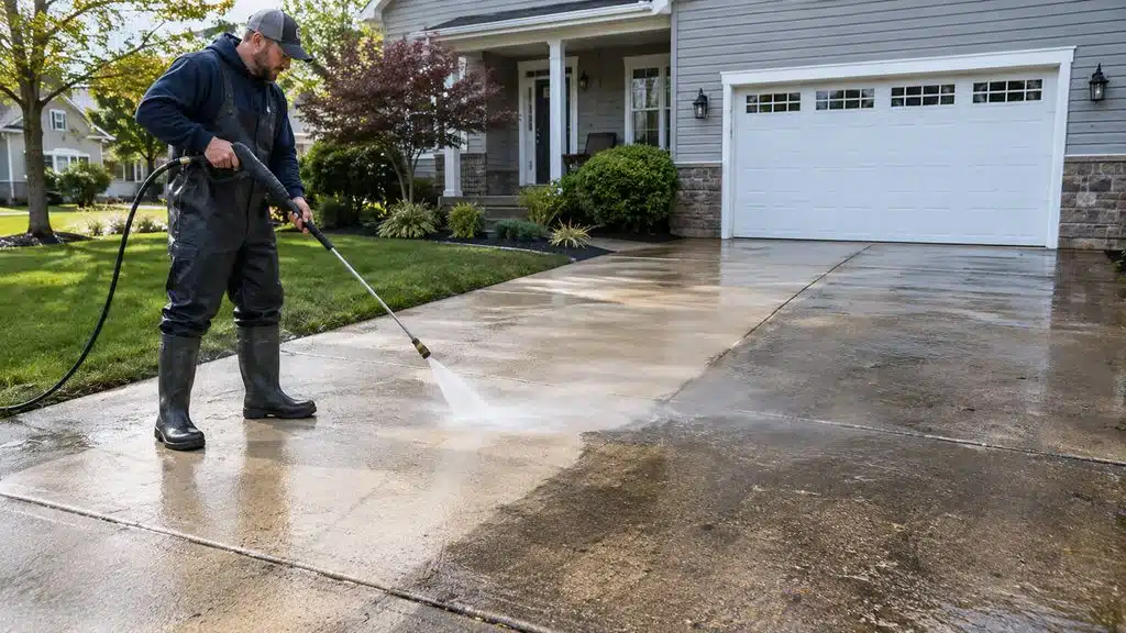 Pressure washing a concrete driveway in New Jersey