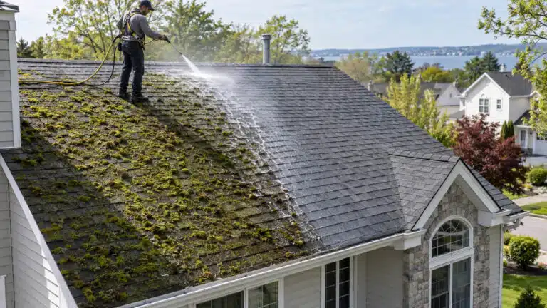 Roof moss removal on a New Jersey home